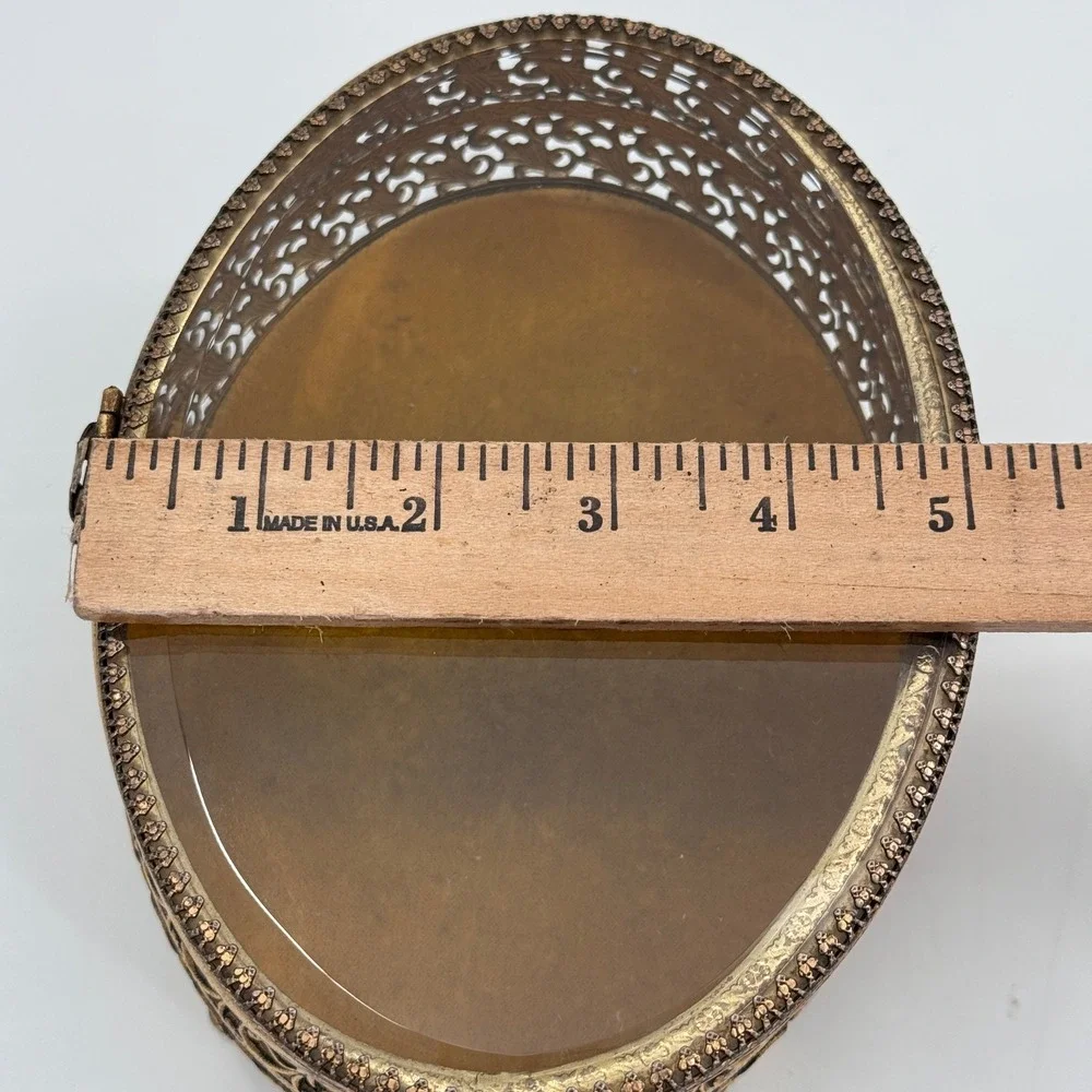 Vintage Ormolu Filigree Jewelry Casket Glass Vanity Box Hollywood Regency